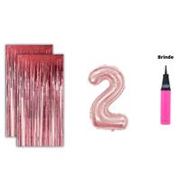 Kit 2 Cortinas Metalizadas e Balão Número Bomba de Ar- Rose