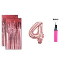 Kit 2 Cortinas Metalizadas e Balão Número Bomba de Ar- Rose