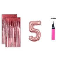 Kit 2 Cortinas Metalizadas e Balão Número Bomba de Ar- Rose