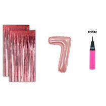 Kit 2 Cortinas Metalizadas e Balão Número Bomba de Ar- Rose