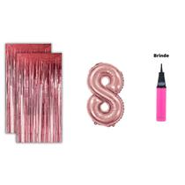 Kit 2 Cortinas Metalizadas e Balão Número Bomba de Ar- Rose