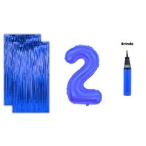 Kit 2 Cortinas Metalizadas e Balão Número +Inflador Ar- Azul