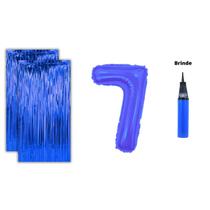 Kit 2 Cortinas Metalizadas e Balão Número +Inflador Ar- Azul