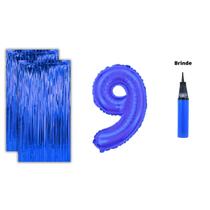 Kit 2 Cortinas Metalizadas e Balão Número +Inflador Ar- Azul