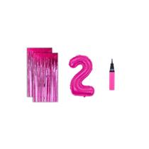 Kit 2 Cortinas Metalizadas e Balão Número+Inflador Ar- Rosa