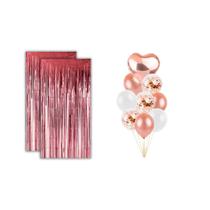Kit 2 Cortinas Metalizadas Glitter e 9 Balões Látex e Coração Metalizado Festa Decoração-Rose Gold