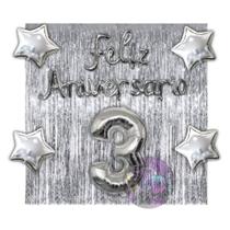 Kit 2 Cortinas + Número + Balão Feliz Aniversário, 13 Cores Festa, Decoração, Comemoração, Aniversário, Dourado, Prata