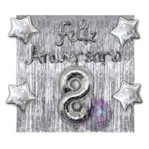 Kit 2 Cortinas + Número + Balão Feliz Aniversário, 13 Cores Festa, Decoração, Comemoração, Aniversário, Dourado, Prata