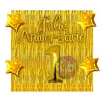 Kit 2 Cortinas + Número + Balão Feliz Aniversário, 13 Cores Festa, Decoração, Comemoração, Aniversário, Dourado, Prata