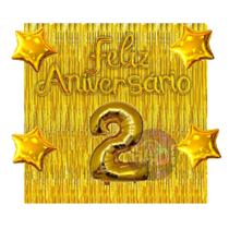 Kit 2 Cortinas + Número + Balão Feliz Aniversário, 13 Cores Festa, Decoração, Comemoração, Aniversário, Dourado, Prata