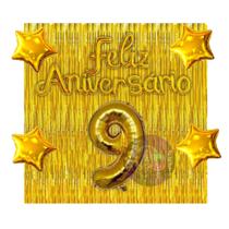 Kit 2 Cortinas + Número + Balão Feliz Aniversário, 13 Cores Festa, Decoração, Comemoração, Aniversário, Dourado, Prata