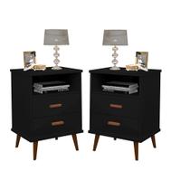 Kit 2 Criado Mesa De Cabeceira Decore Itália com 2 gavetas 1 nicho pés retrô em madeira
