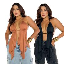 Kit 2 Cropped Alçinha Boho Decotado Com Costas Nuas em Amarração Sexy Kit 2 Cropped Alçinha Boho Decotado Com Costas Nuas em Amarração Sexy