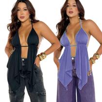 Kit 2 Cropped Alçinha Boho Decotado Com Costas Nuas em Amarração Sexy Kit 2 Cropped Alçinha Boho Decotado Com Costas Nuas em Amarração Sexy