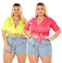 Kit 2 Cropped Blusa Amarração Transpassada Gringa Plus Size