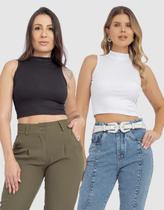 Kit 2 Cropped Blusa Feminina Canelada Gola Alta Casual Elegante Verão