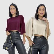 Kit 2 Cropped Blusa Manga Curta Flare Soltinha Blogueira Kit 2 Cropped Blusa Manga Curta Flare Soltinha Blogueira