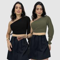 Kit 2 Cropped Blusa T-Shirt Mula Manga Longa Crepe Feminino Moda Blogueira Lançamento 2025 Kit 2 Cropped Blusa T-Shirt Mula Manga Longa Crepe Feminino Moda Blogueira Lançamento 2025