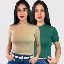 Kit 2 Cropped Blusinhas Femininas Canelado T-shirt Manga Curta