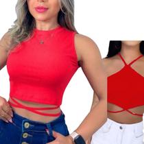 Kit 2 Cropped Canelado Cruzado Colorido blusinha Amarração