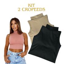 kit 2 Cropped Feminina Gola Alta Malha Canelada Croped