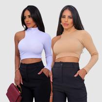 Kit 2 Cropped Feminino Ombro Só Vazado Manga Longa Casual Kit 2 Cropped Feminino Ombro Só Vazado Manga Longa Casual