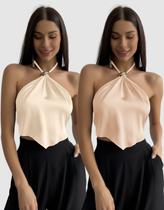 Kit 2 Cropped Frente Única Feminino Decote Halter Alcinha Amarração Moda Gringa