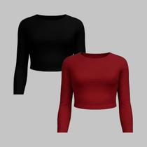 Kit 2 Cropped Manga Longa Blusa Feminina Compressão Gola Redonda Suplex Inverno - Kit 2 Cropped Manga Longa Blusa Feminina Compressão Gola Redonda Suplex Inverno -