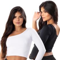 Kit 2 Cropped Manga Longa Mula Manca Ombro Só Feminino Top Sem Bojo Básico Casual