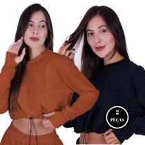 Kit 2 Cropped Moletom Feminino Inverno Manga Longa Casaco - c13 KIT 2 LOUISE CARAMELO PRETO