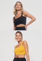 Kit 2 Croppeds Top Faixa Comfy Malha Canelada Preto e Mostarda Salvatore Fashion
