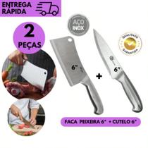 Kit 2 - Cutelo Inox Inteiriço + Faca Peixeira Inox 6 Polegadas Profissional Cozinha Churrasco