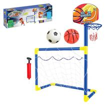 Kit 2 e 1 Futebol com Cesta Basquete C/ 1 Bola Futebol e 1 de Basquete - Golzinho Infantil Mini com Trave e Rede esporte