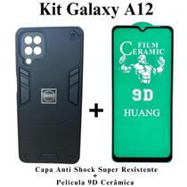 Kit 2 em 1 Capa Anti Impacto Armadura Resistente + Película 9D de Cerâmica para Samsung Galaxy A12 / M12 Cor:Preto