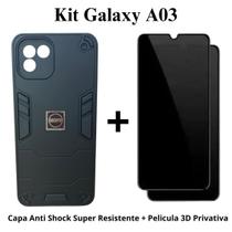 Kit 2 em 1 Capa Anti Shock Armadura Resistente + Película Privacidade 3D Vidro para Samsung Galaxy A03 Preto