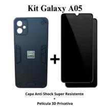 Kit 2 em 1 Capa Armadura Resistente Preto + Película Privacidade 3D Vidro para Samsung Galaxy A05 Kit 2 em 1 Capa Armadura Resistente Preto + Película Privacidade 3D Vidro para Samsung Galaxy A05