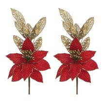 Kit 2 Enfeite Natal Decorativo Poinsettia Vermelho Dourado Kit 2 Enfeite Natal Decorativo Poinsettia Vermelho Dourado