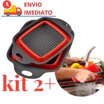Kit 2 Escorredor de Alimentos Dobrável Retrátil Peneira de Silicone para Legumes Massas Frutas Multiuso Quadrado