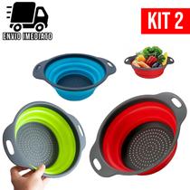 Kit 2 Escorredor De Macarrão Retrátil Silicone para Salada Frutas Legumes Cozinha Multiuso Dobrável