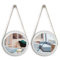 Kit 2 espelhos adnet moldura branca 38 cm com cinta cor marrom de pendurar redondo de vidro