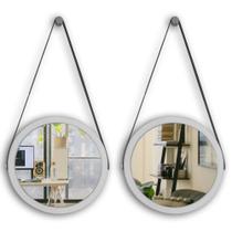 Kit 2 espelhos adnet moldura branca 38 cm com cinta cor preta de pendurar redondo de vidro
