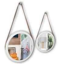 Kit 2 espelhos adnet moldura branca 38 e 28 cm com cinta cor marrom de pendurar redondo de vidro