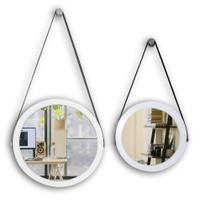 Kit 2 espelhos adnet moldura branca 38 e 28 cm com cinta cor preta de pendurar redondo de vidro