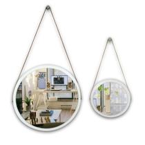 Kit 2 espelhos adnet moldura branca 58 e 38 cm com cinta cor marrom de pendurar redondo de vidro