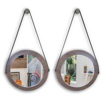 Kit 2 espelhos adnet moldura marrom 28 cm com cinta cor preta de pendurar redondo de vidro