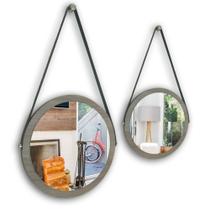 Kit 2 espelhos adnet moldura marrom 38 e 28 cm com cinta cor preta de pendurar redondo de vidro