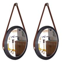 Kit 2 espelhos adnet redondo banheiro para quarto de parede retro novo com alça 28 cm preto e marrom