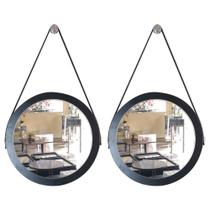 Kit 2 espelhos adnet redondo com alça de couro banheiro para quarto de parede retro novo 28 cm preto