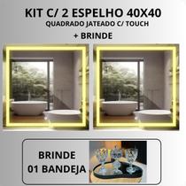 Kit 2 Espelhos Quadrado Jateado Com Led Touch 40x40 e Bandeja Aparador Decorativo Lavabo Kit 2 Espelhos Quadrado Jateado Com Led Touch 40x40 e Bandeja Aparador Decorativo Lavabo