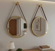Kit 2 Espelhos Redondo Adnet Decorativo Suspenso 60cm + Suporte Dourado com Alça Caramelo